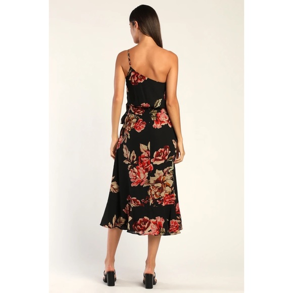 NWOT Lulus Divine Blooms Black Floral Print One-Shoulder Midi Wrap Dress Large - Picture 4 of 10